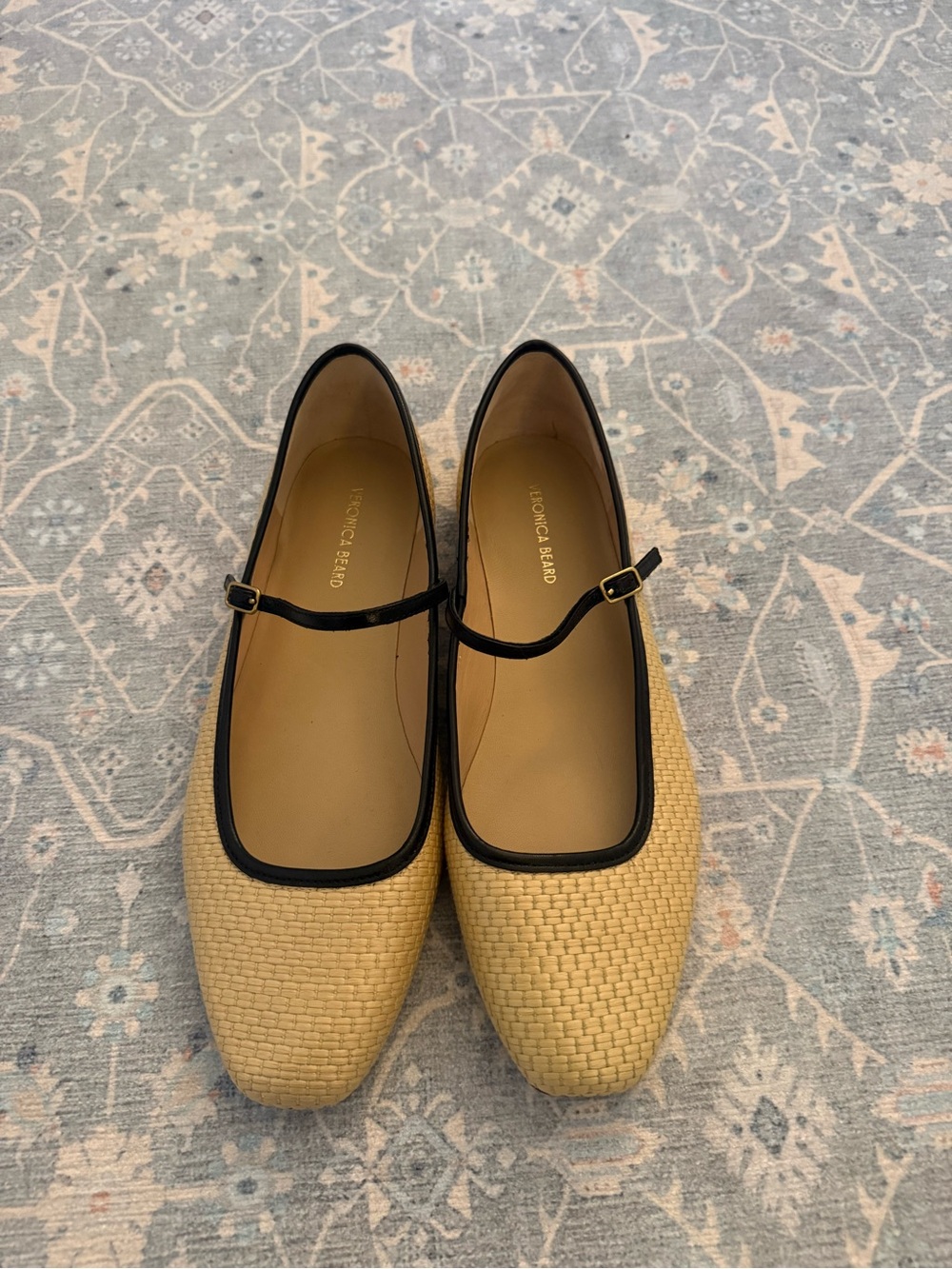 Veronica Beard Beige Woven Mary Jane Flats with Black Trim